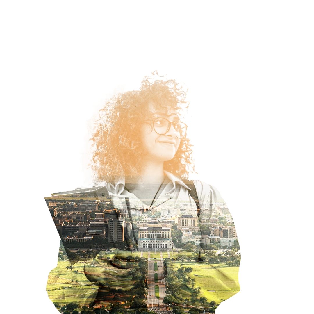 A female student smiling and holding a book and binder, with an aerial view of the Texas A&M campus visible in her silhouette.
