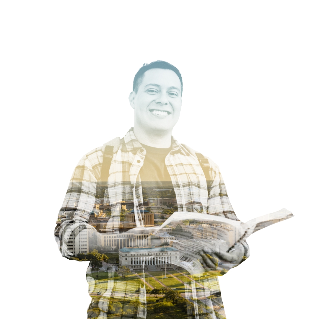 A male student wearing a button down shirt with a backpack, holding a book and smiling with an aerial view of the Texas A&M campus visible in his silhouette.