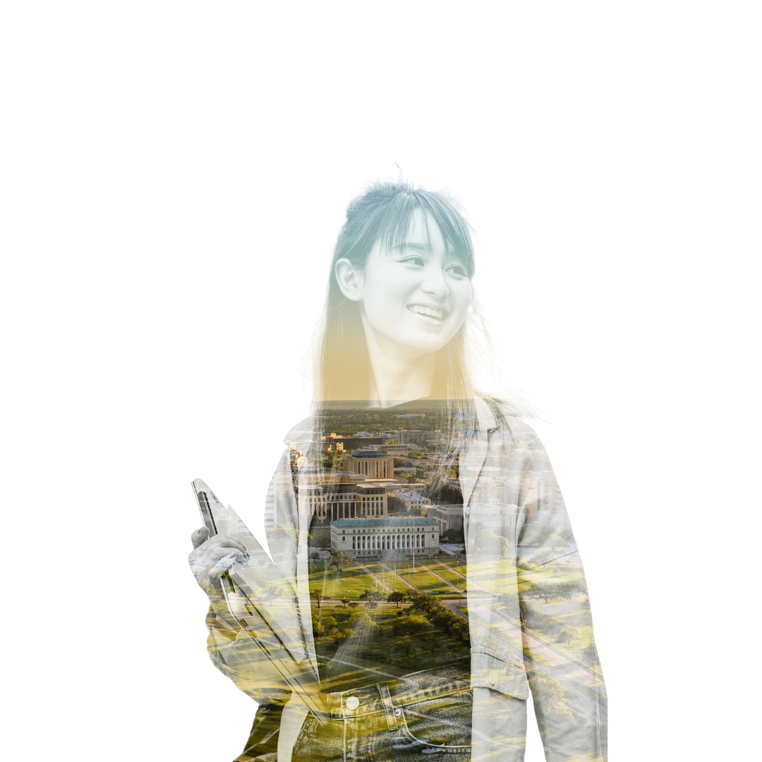 A female student holding notebooks, smiling, with an aerial view of the Texas A&M campus visible within her silhouette.